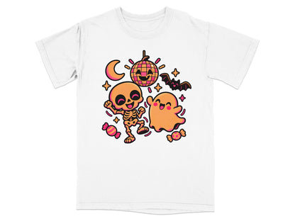 Skeleton and ghost dancing near disco ball with moon, bat, and candy.