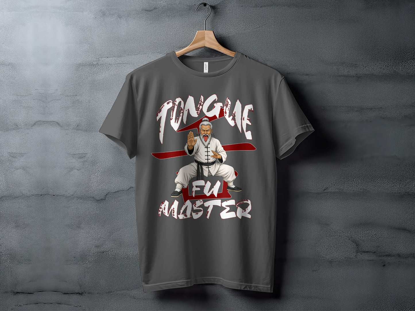 Graphic t-shirt with a cartoon of an old man in a martial arts pose with "Tongue Fu Master" text.