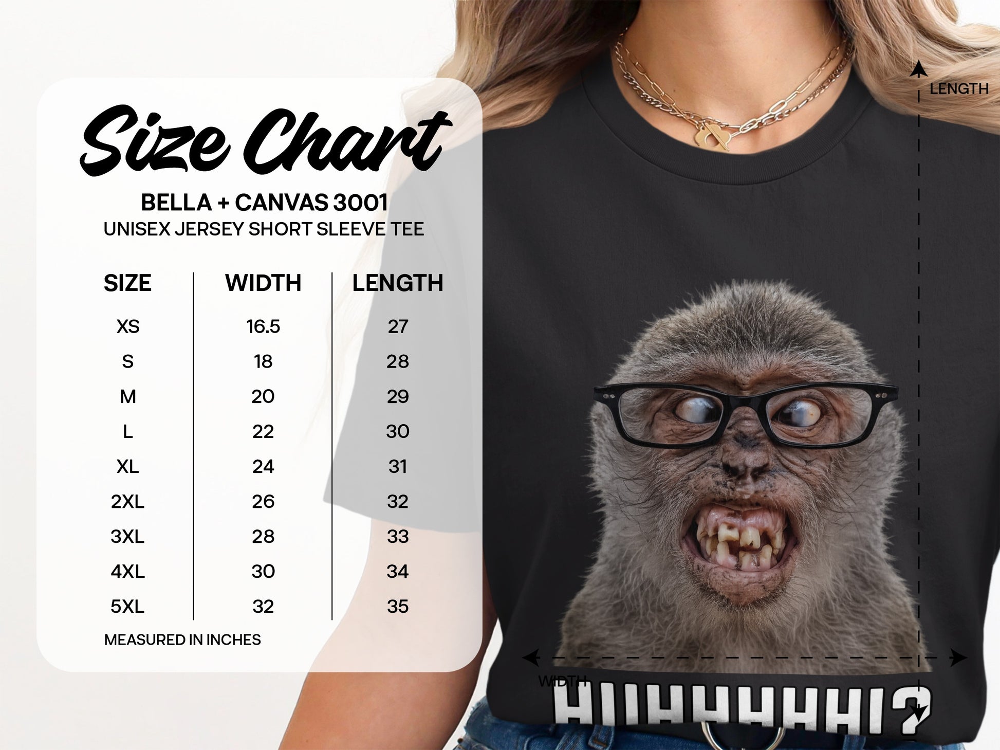Size chart for Bella + Canvas 3001 unisex jersey short sleeve tee, with measurements.