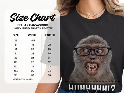 Size chart for Bella + Canvas 3001 unisex jersey short sleeve tee, with measurements.