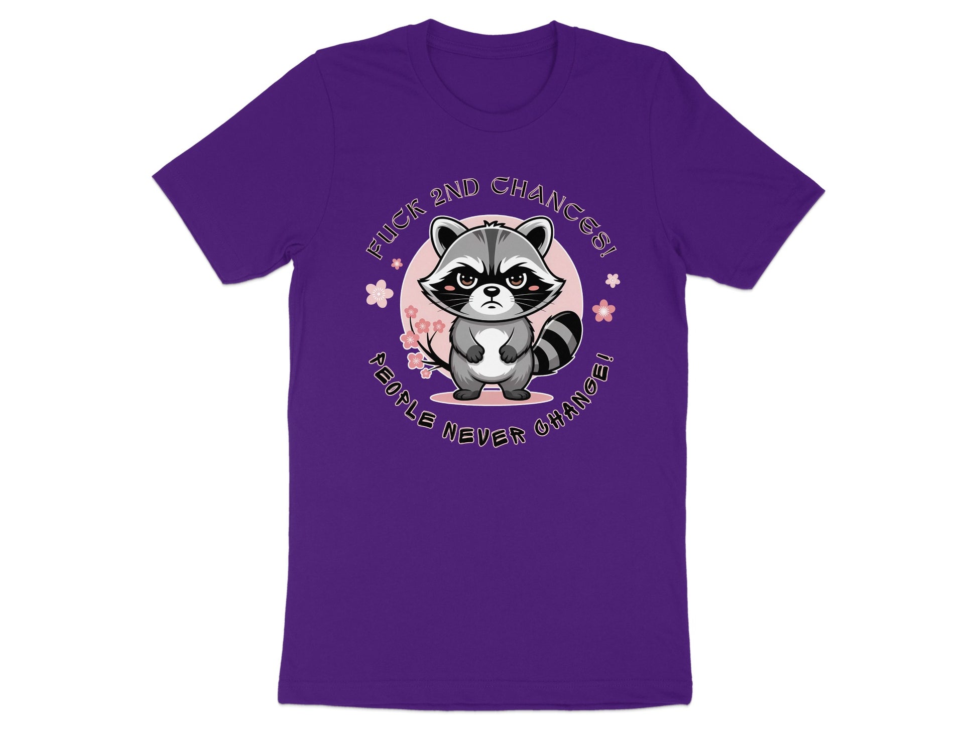 Purple t-shirt with a grumpy raccoon graphic and text "FUCK 2ND CHANGES! PEOPLE NEVER CHANGE!"