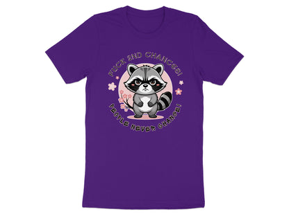 Purple t-shirt with a grumpy raccoon graphic and text "FUCK 2ND CHANGES! PEOPLE NEVER CHANGE!"