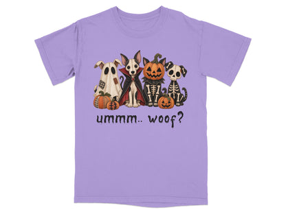 Four dogs in Halloween costumes: ghost, vampire, pumpkin, skeleton, with text "ummm.. woof?".