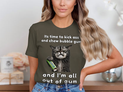 Grumpy cat with Doublemint gum holding sign "and I'm all out of gum".