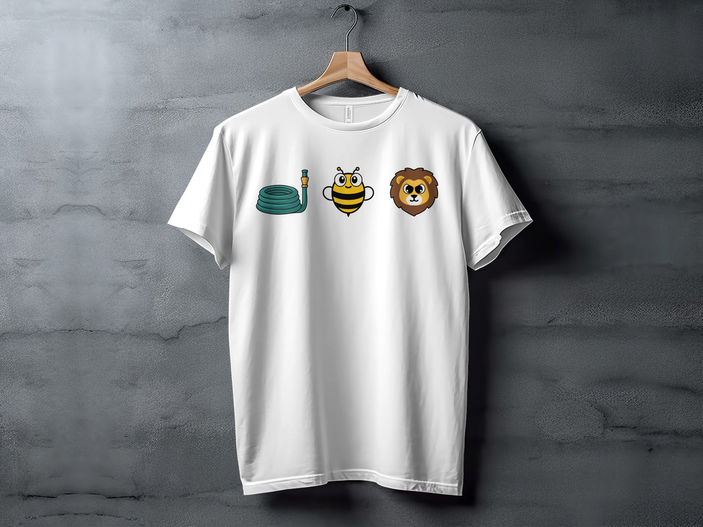 White t-shirt with a coiled green hose, cartoon bee, and lion head graphic.