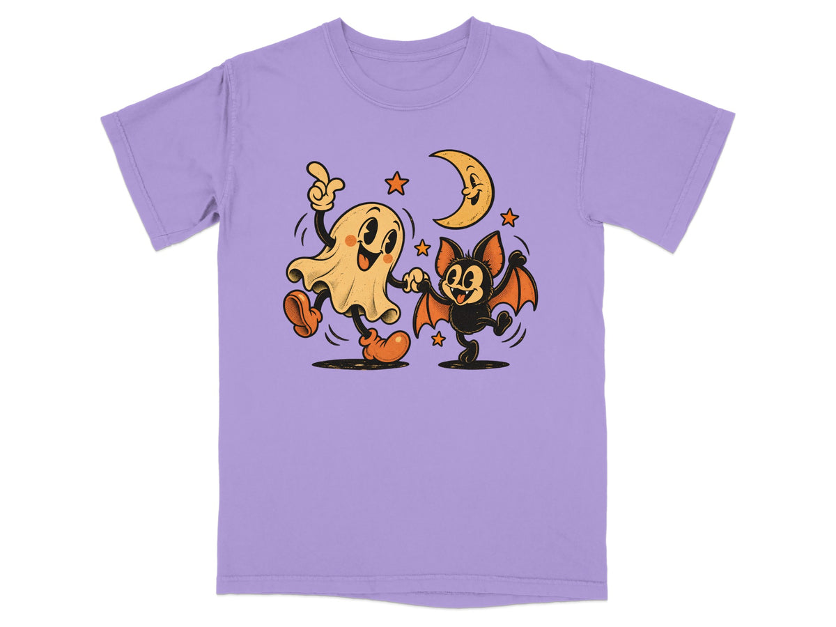 Cartoon ghost and bat dancing under a smiling crescent moon and stars.