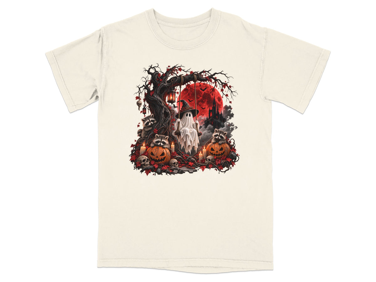 Halloween scene with ghost on swing, raccoons, pumpkins, skulls, and red moon.