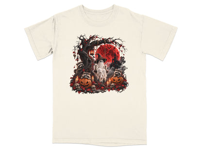 Halloween scene with ghost on swing, raccoons, pumpkins, skulls, and red moon.