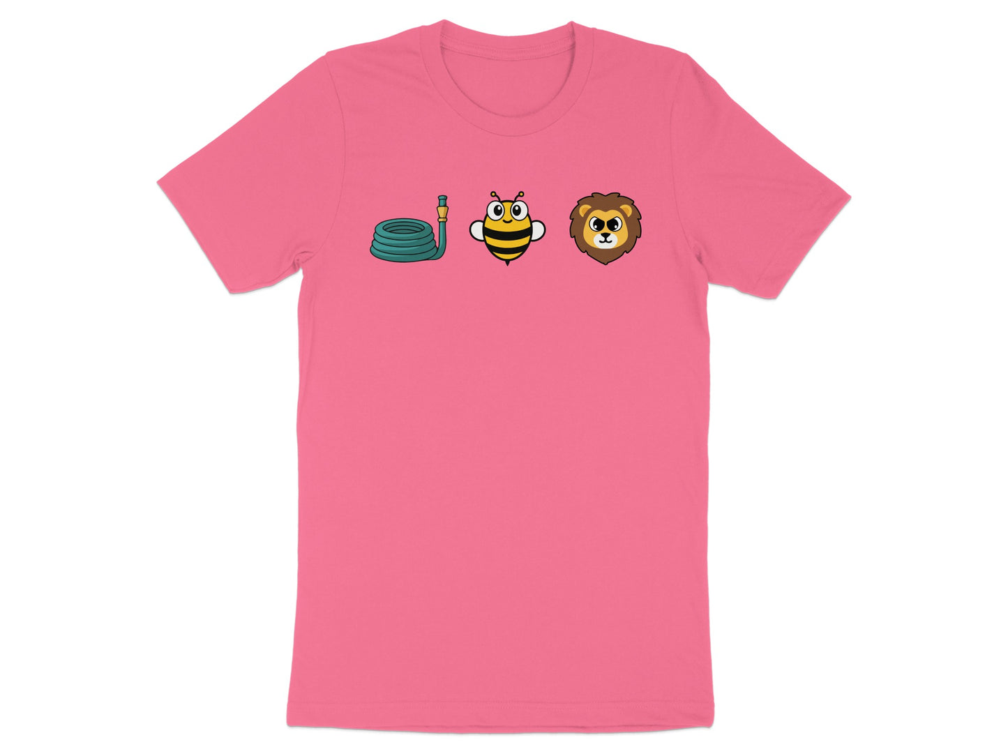 Cartoon hose, bee, and lion head graphic on pink t-shirt.