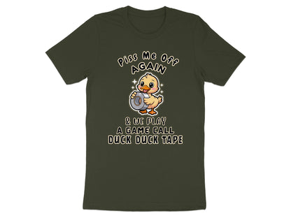 Dark green t-shirt with cartoon duck holding duct tape and text.