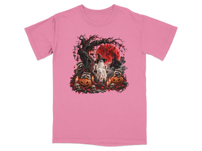 Halloween ghost on swing with raccoons, pumpkins, skulls, and red moon.