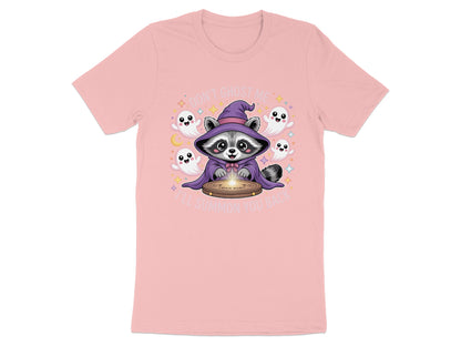 Raccoon in witch hat with ghosts and text "DON'T GHOST ME, I'LL SUMMON YOU BACK".