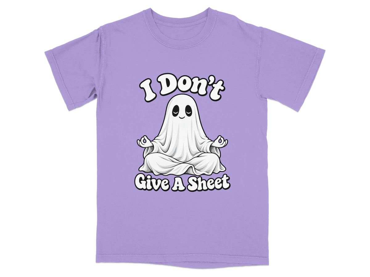 Purple t-shirt with a ghost meditating with text "I Don't Give A Sheet".