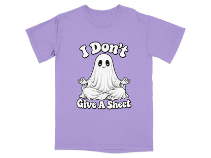 Purple t-shirt with a ghost meditating with text "I Don't Give A Sheet".
