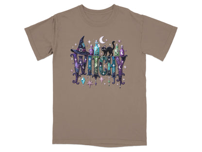 T-shirt with "WITCHY" text, potion bottles, black cat, hat, and stars.