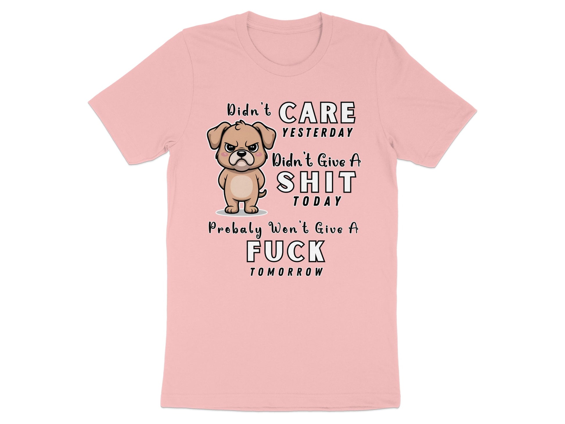 Pink t-shirt with grumpy dog graphic and "Didn't care yesterday, didn't give a shit today" text.