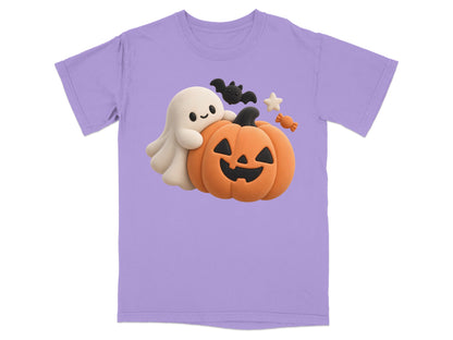 Lilac t-shirt with ghost, pumpkin, bat, star, and candy Halloween graphic.