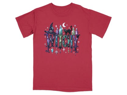 Red t-shirt with "WITCHY" text, witch hat, black cat, potion bottles, and stars.