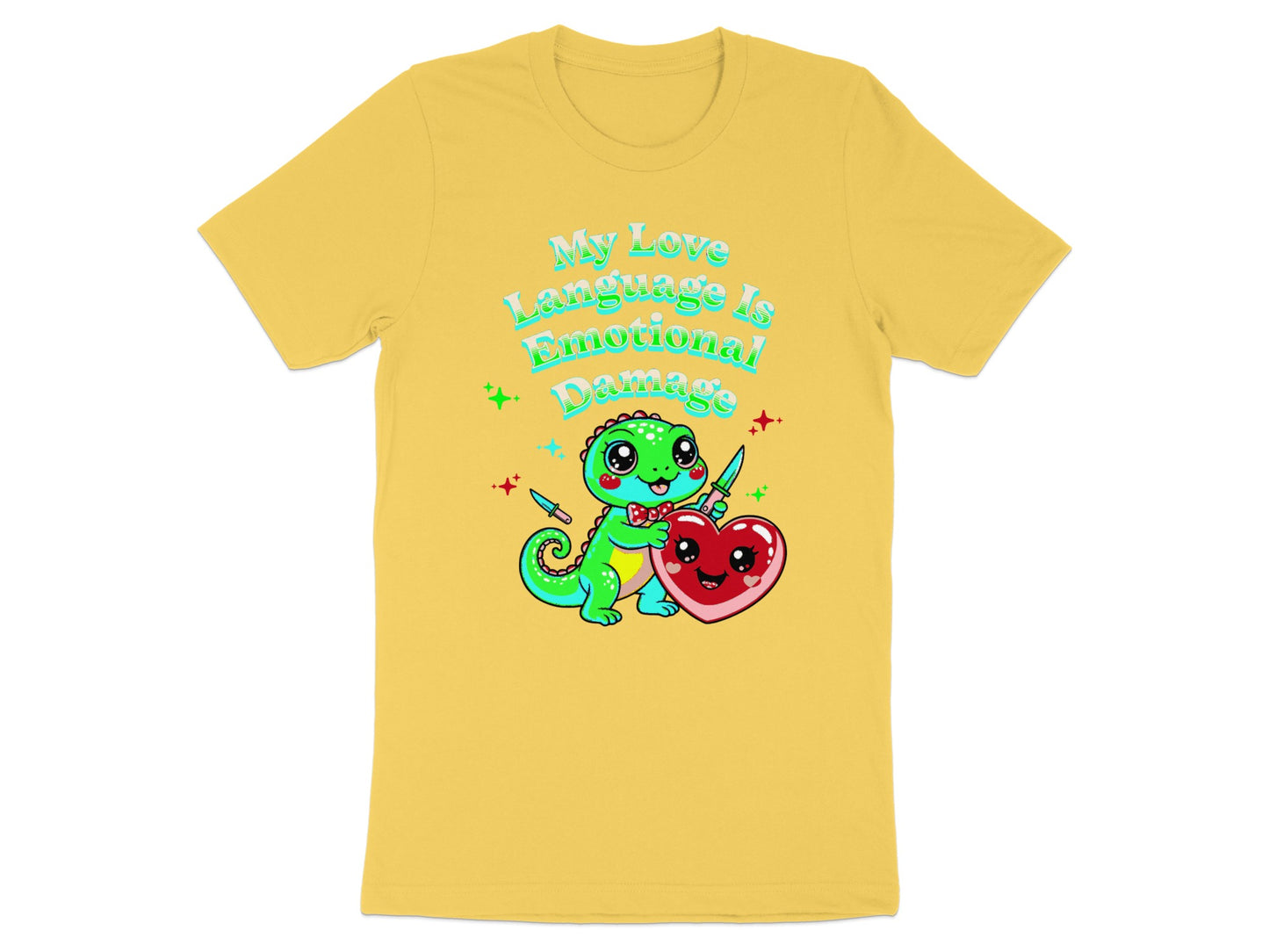 Yellow t-shirt with a green dinosaur holding a heart and a knife, text "My Love Language Is Emotional Damage".