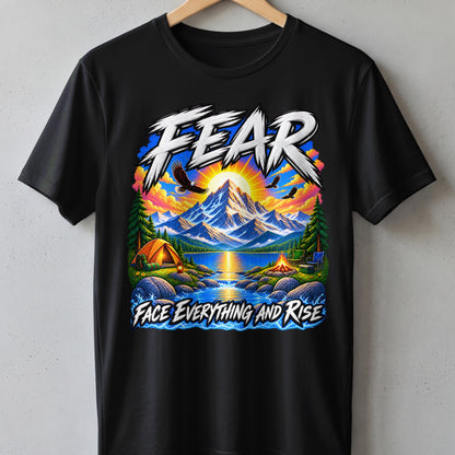 Black t-shirt with "FEAR FACE EVERYTHING AND RISE" text and mountain landscape graphic.