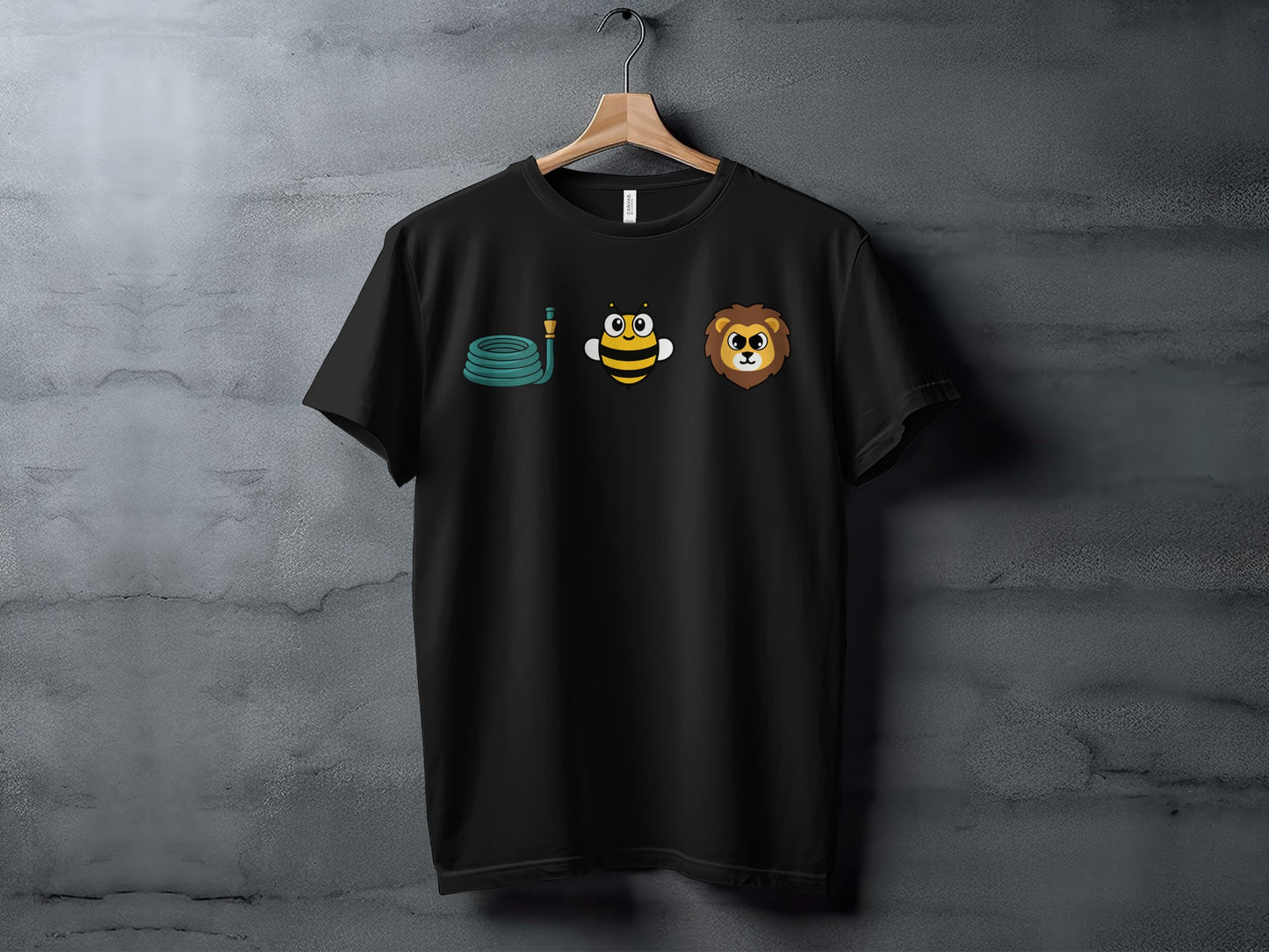 Black t-shirt with cartoon hose, bee, and lion graphics.