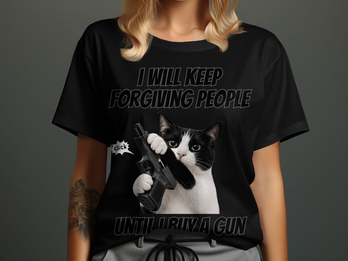 Black t-shirt with text and cat holding a gun.