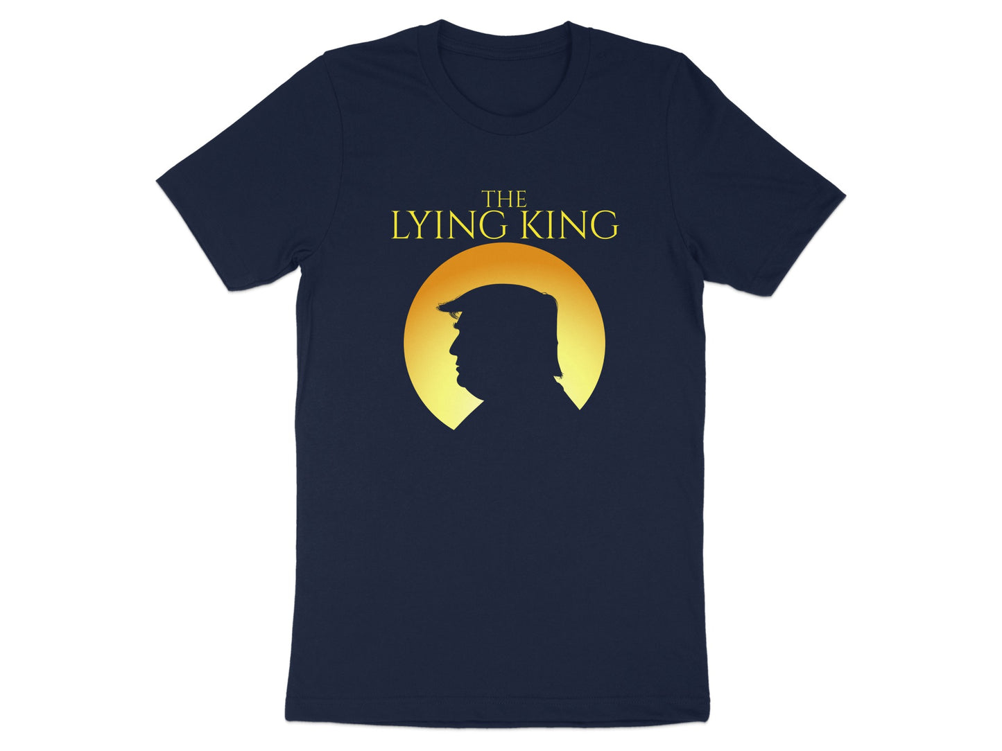 Dark blue t-shirt with yellow text "THE LYING KING" above a silhouette.