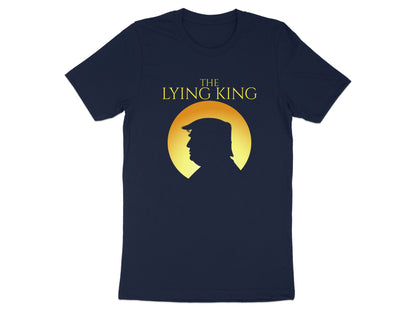 Dark blue t-shirt with yellow text "THE LYING KING" above a silhouette.
