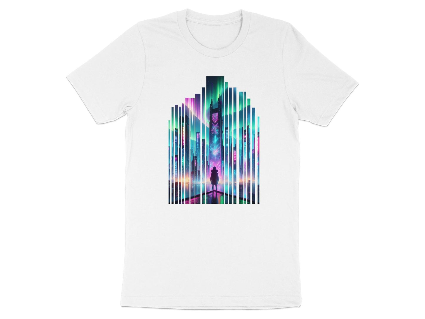 Cyberpunk Cityscape T-Shirt: Aurora Borealis Neon Lights Sci-Fi Tee