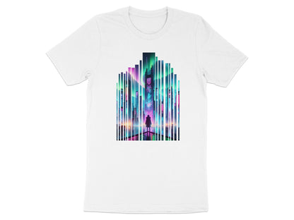 Cyberpunk Cityscape T-Shirt: Aurora Borealis Neon Lights Sci-Fi Tee