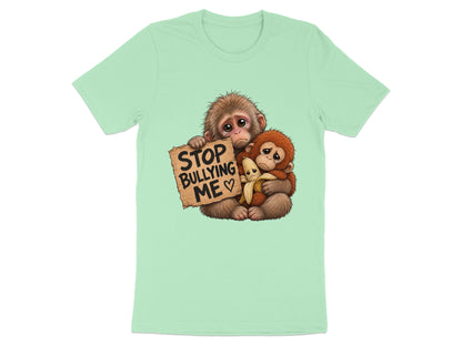 Two sad monkeys hug a banana while holding a "Stop Bullying Me" sign.