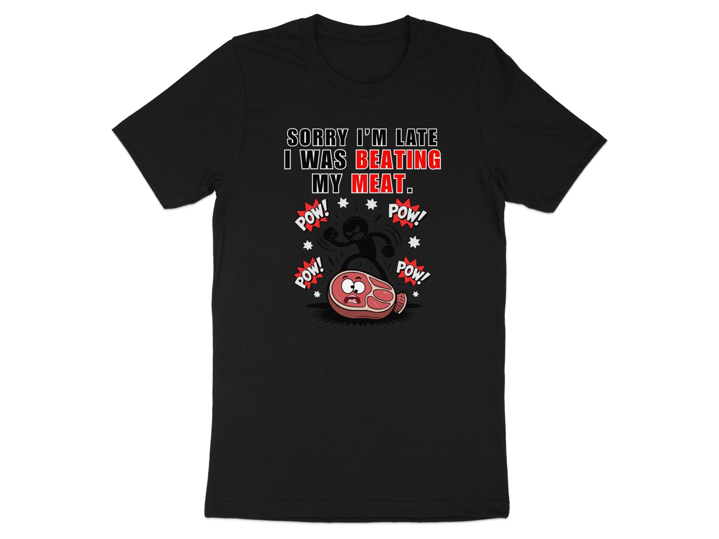 Black t-shirt with text and cartoon of beating meat.