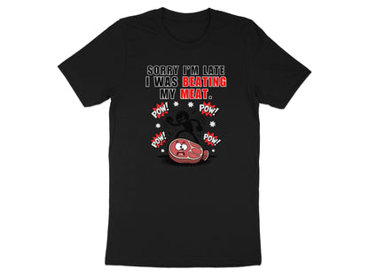 Black t-shirt with text and cartoon of beating meat.