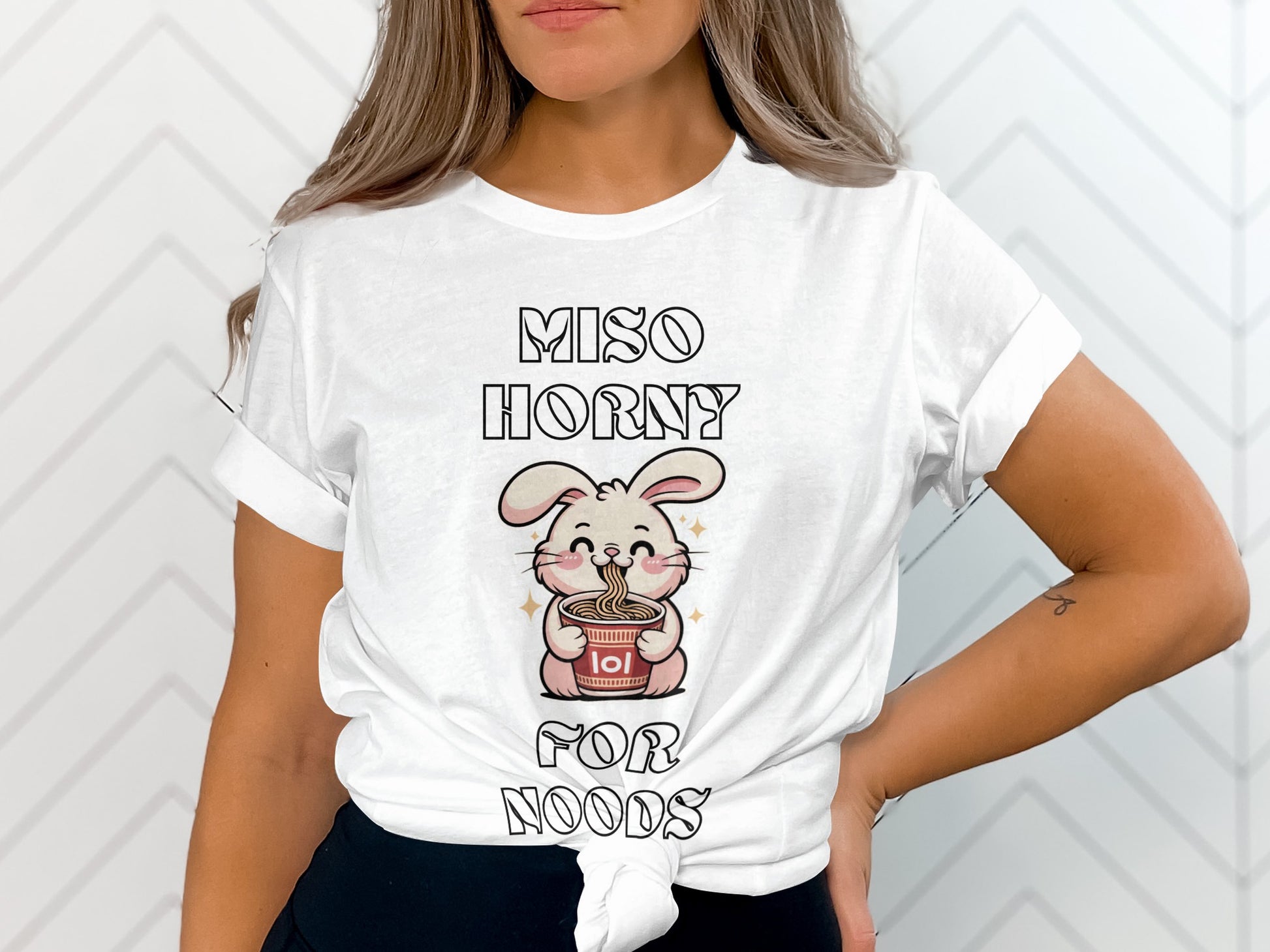 White t-shirt with "Miso Horny for Noods" text and a bunny eating noodles.