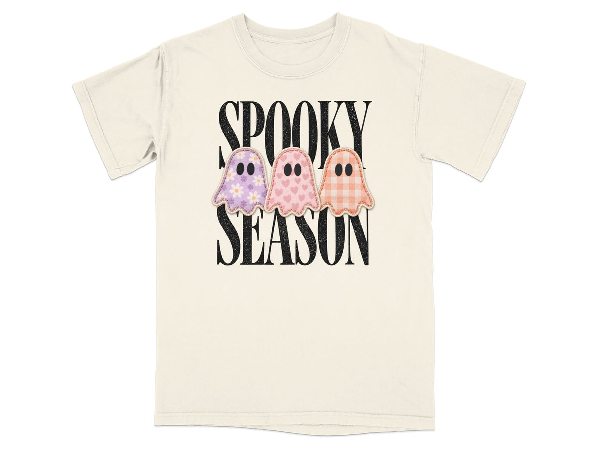 Cream t-shirt with "Spooky Season" text and three patterned ghosts.
