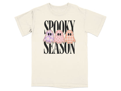 Cream t-shirt with "Spooky Season" text and three patterned ghosts.