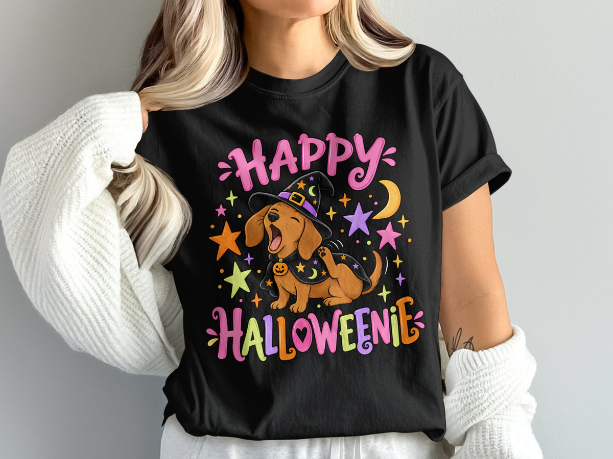Black t-shirt with "Happy Halloweenie" and a dachshund in a witch hat.