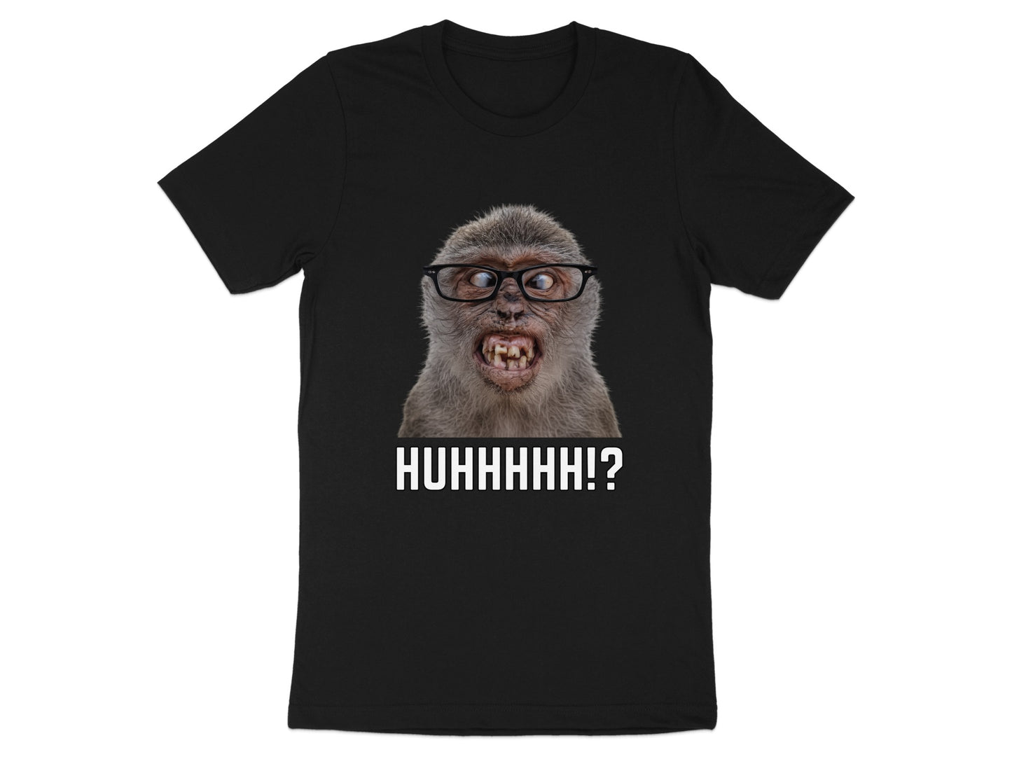 Black t-shirt with a monkey wearing glasses and text that reads "HUHHHHH!?"