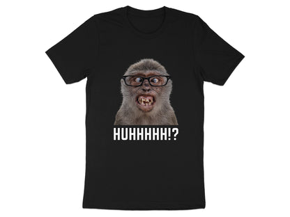 Black t-shirt with a monkey wearing glasses and text that reads "HUHHHHH!?"