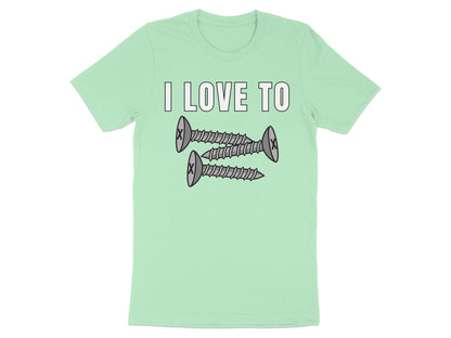 Mint t-shirt with "I LOVE TO" text and three screws graphic.