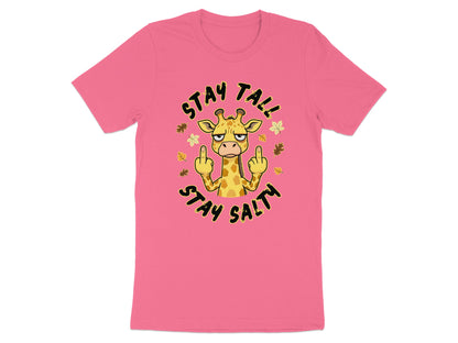 Giraffe with sunglasses and middle fingers, surrounded by leaves, text "STAY TALL STAY SALTY".