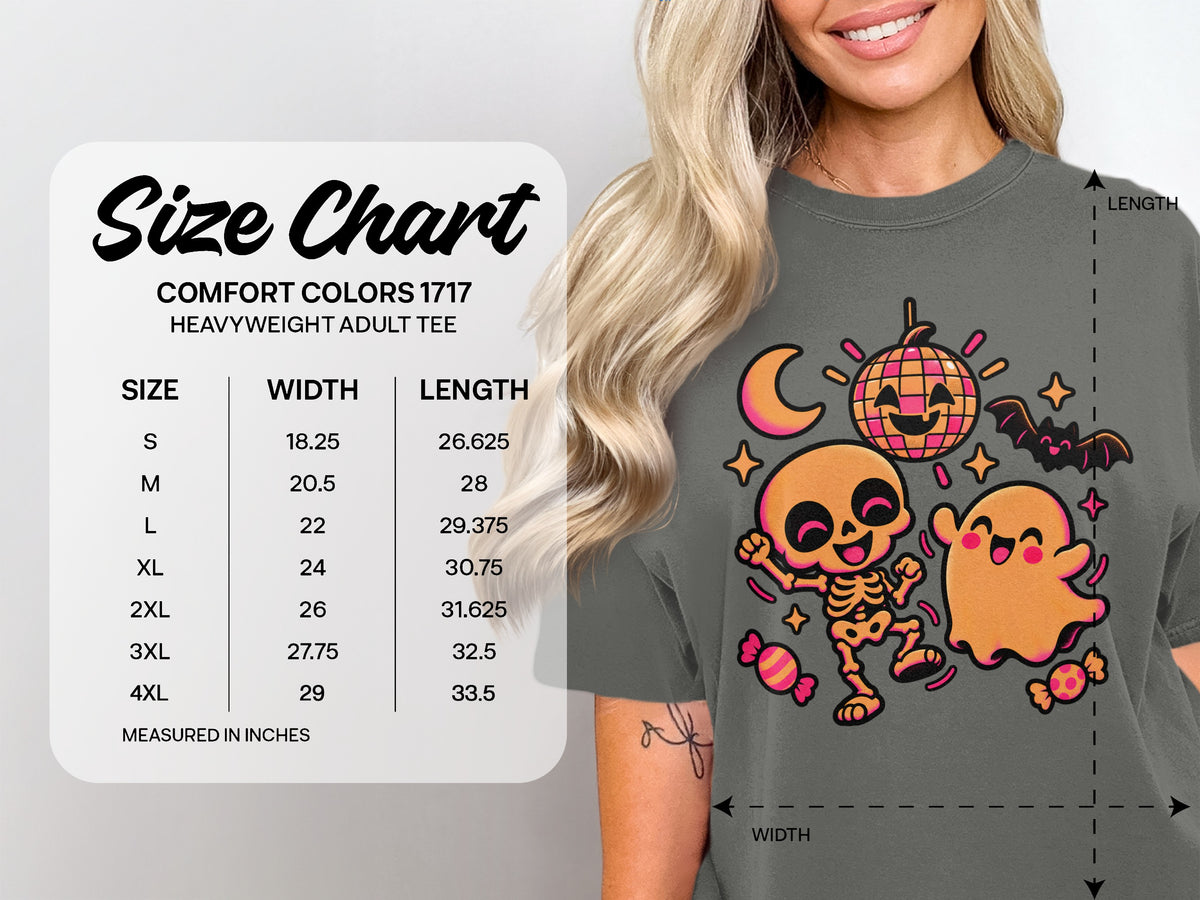 Comfort Colors 1717 adult tee size chart with width and length measurements.