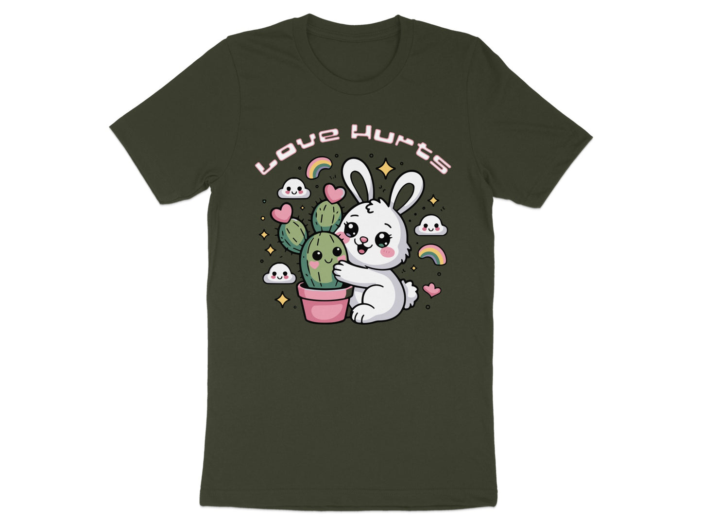 White bunny hugging a cactus with "Love Hurts" text above.