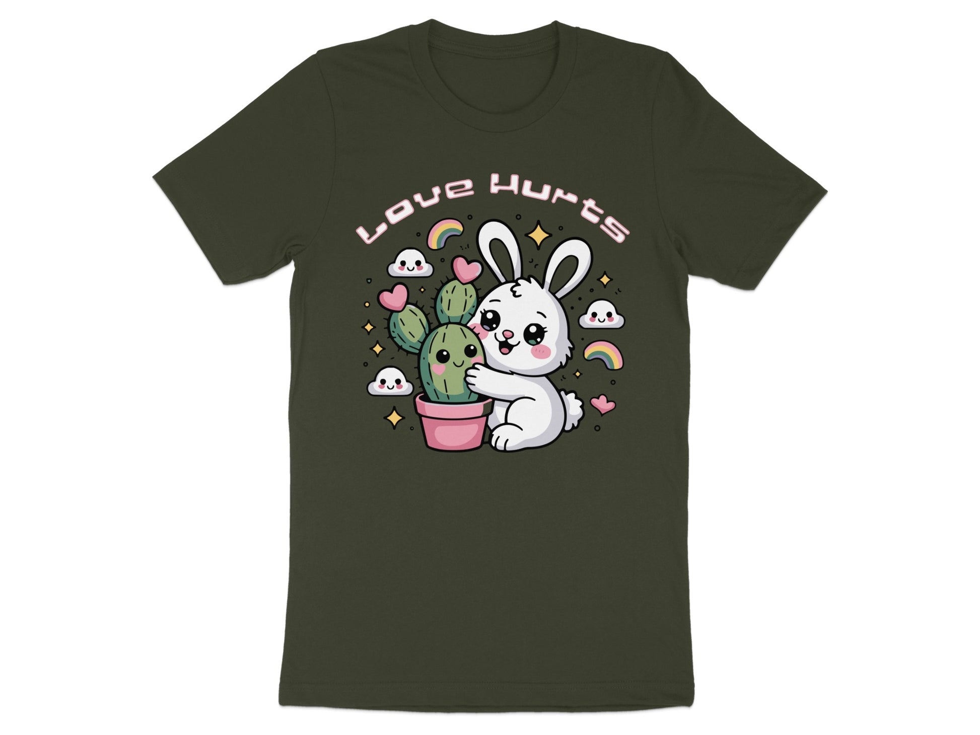 White bunny hugging a cactus with "Love Hurts" text above.