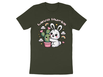 White bunny hugging a cactus with "Love Hurts" text above.