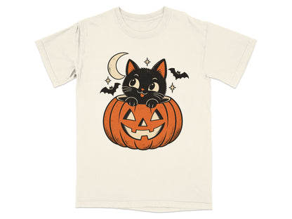 Black cat peeking out of a jack-o'-lantern with bats and a moon.