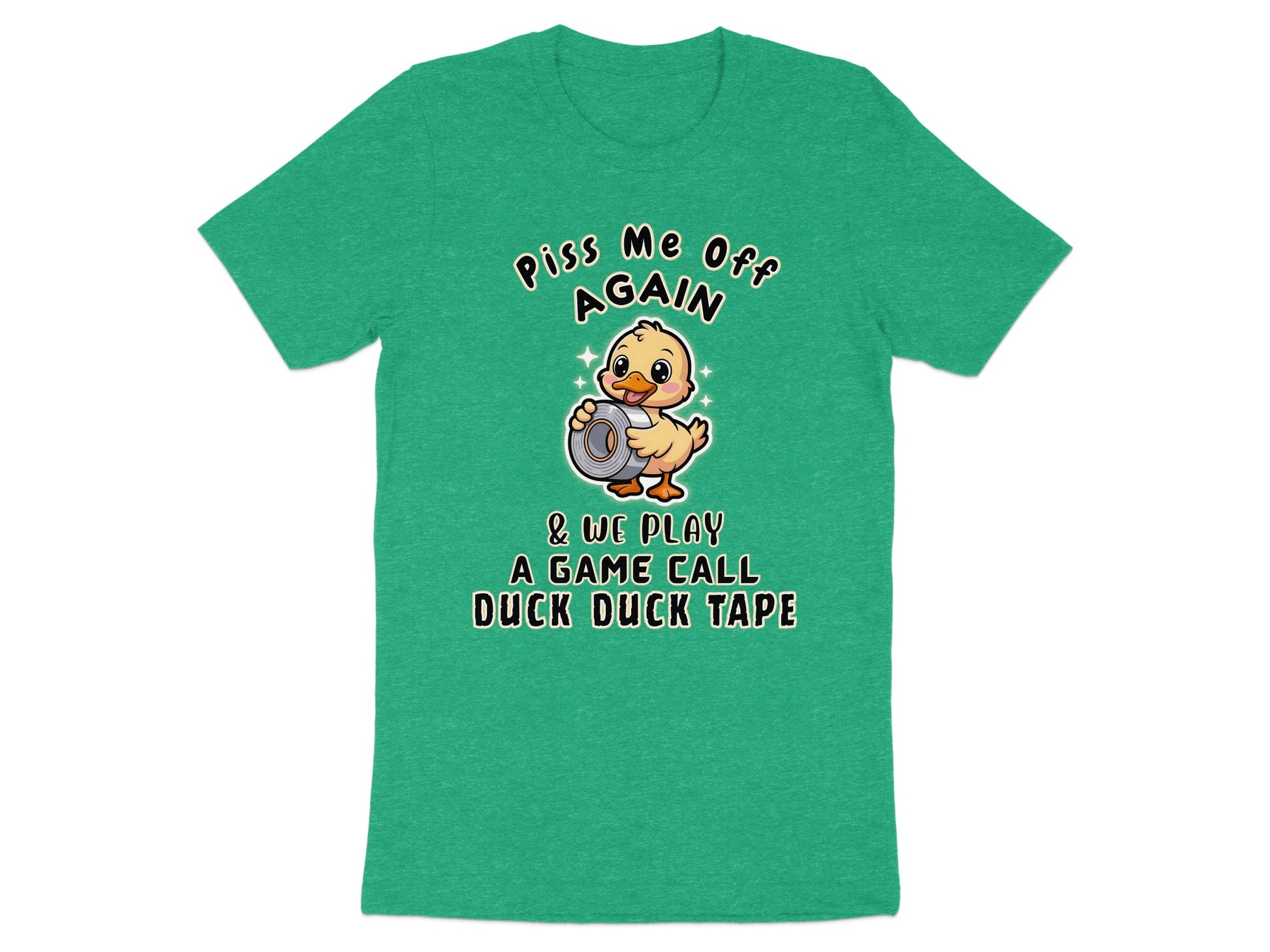 Green t-shirt with a cartoon duck holding duct tape and text.