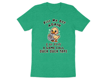 Green t-shirt with a cartoon duck holding duct tape and text.