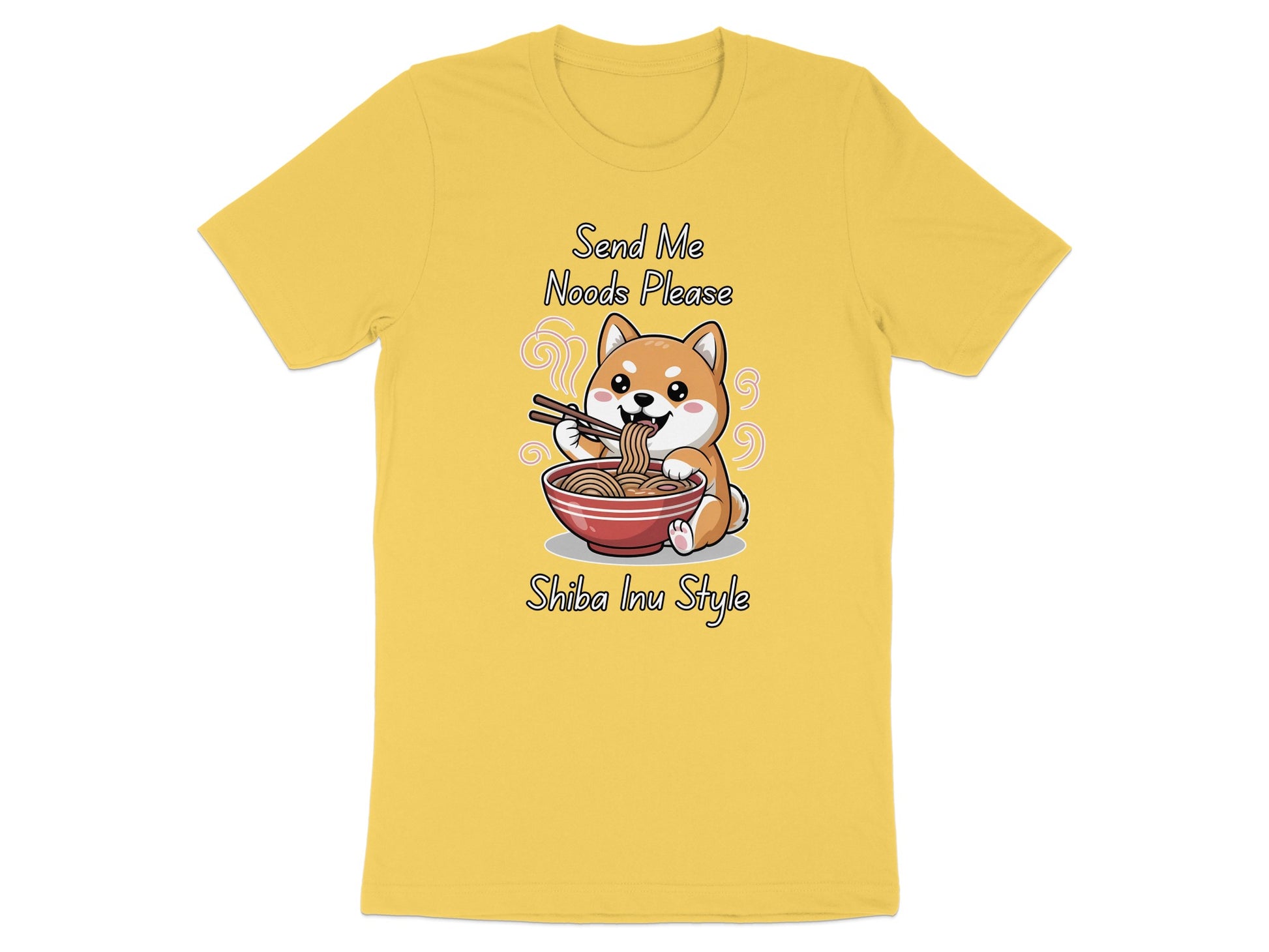 Yellow t-shirt with cartoon Shiba Inu eating noodles, text says "Send Me Noods Please" and "Shiba Inu Style".