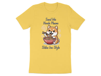 Yellow t-shirt with cartoon Shiba Inu eating noodles, text says "Send Me Noods Please" and "Shiba Inu Style".